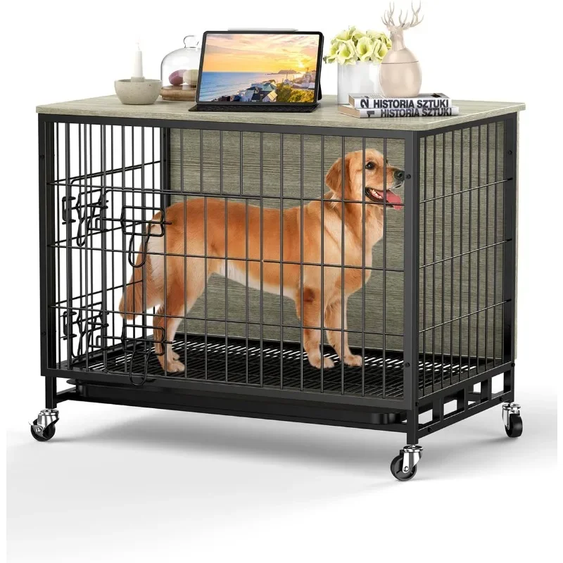 Dog Crate Furniture - 2024 and Versatile Wooden Dog Kennel with Removable Tray and Wheels - Heavy-Duty Double-Doo