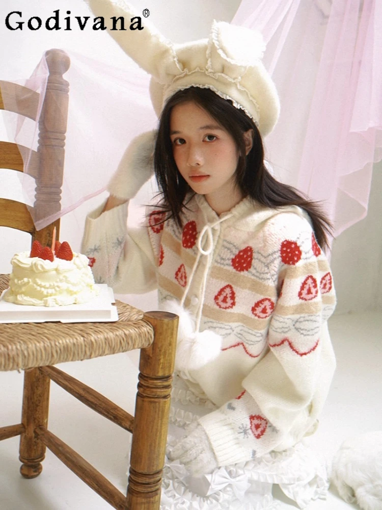 

Winter Christmas Party Sweet Knitted Cardigan Autumn Japanese Style Cute Girl's Strawberry Print Loose Hooded Jacket Coat 2025
