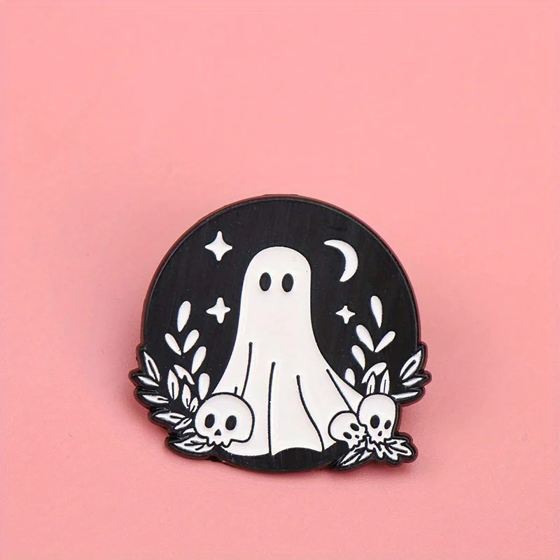 Trendy Gothic Enamel Pin，Eerie Ghost, Skulls, Stars & Moon on Black for Dark - Cute Style