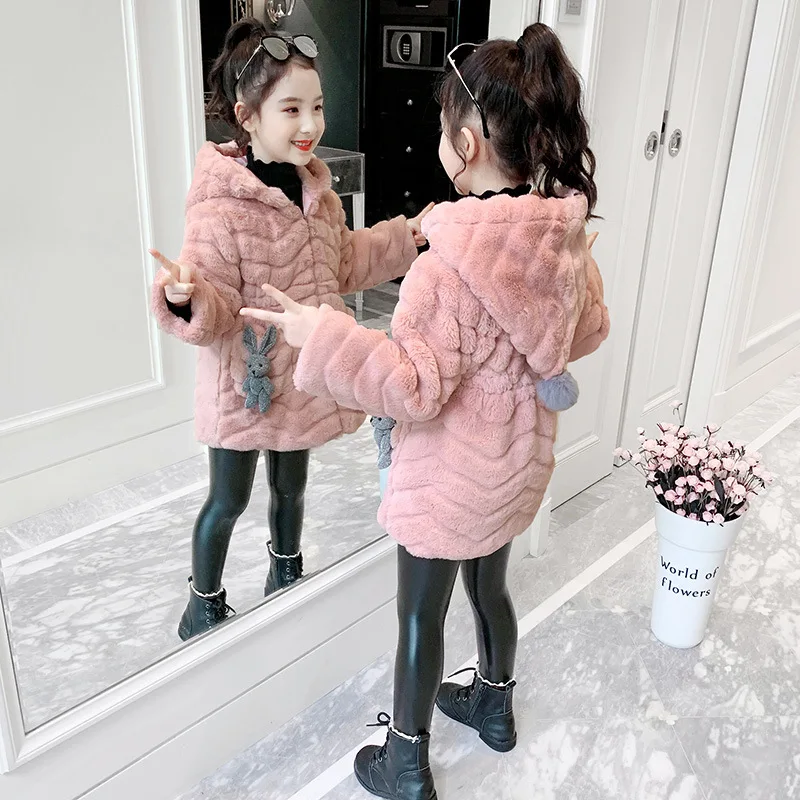 NEW Winter Mid-length Imitation Rabbit Fur Solid Waist Design Childrens Jacket With Cap New Long Sleeve Coat For Girls 4 8 12 Y