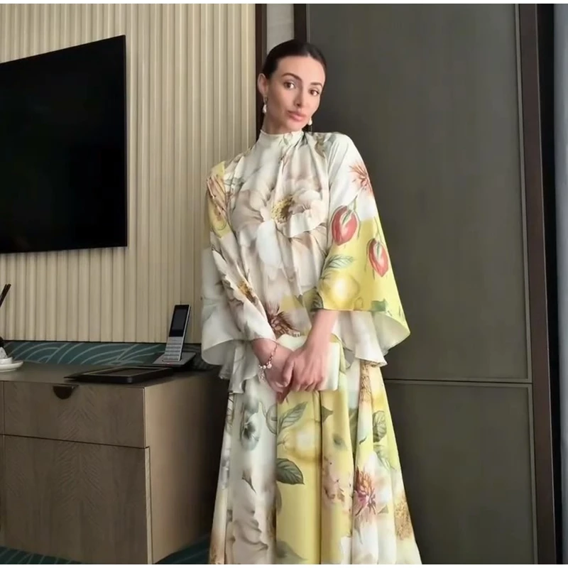 Elegant Floral Printed Women's Dress Stand Collar Full Puff Sleeve A-line Long Dresses 2026 Summer Vacation Party Lady Robes