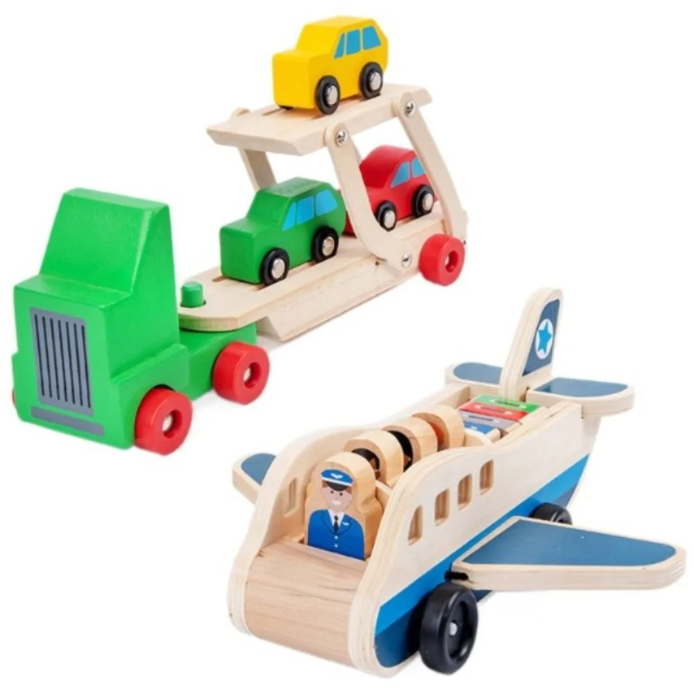 

Building Blocks Wooden Passenger Plane Set Simulation Trailer Double Layer Car Model Aircraft Commander Interactive