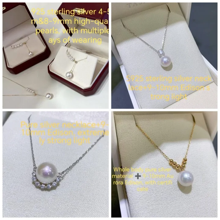 

925 Silver Freshwater Pearl Necklaces 9-10mm White Round Mirror Luster Cultured Edison Pearl CZ Pendant Certificate Fine Jewelry