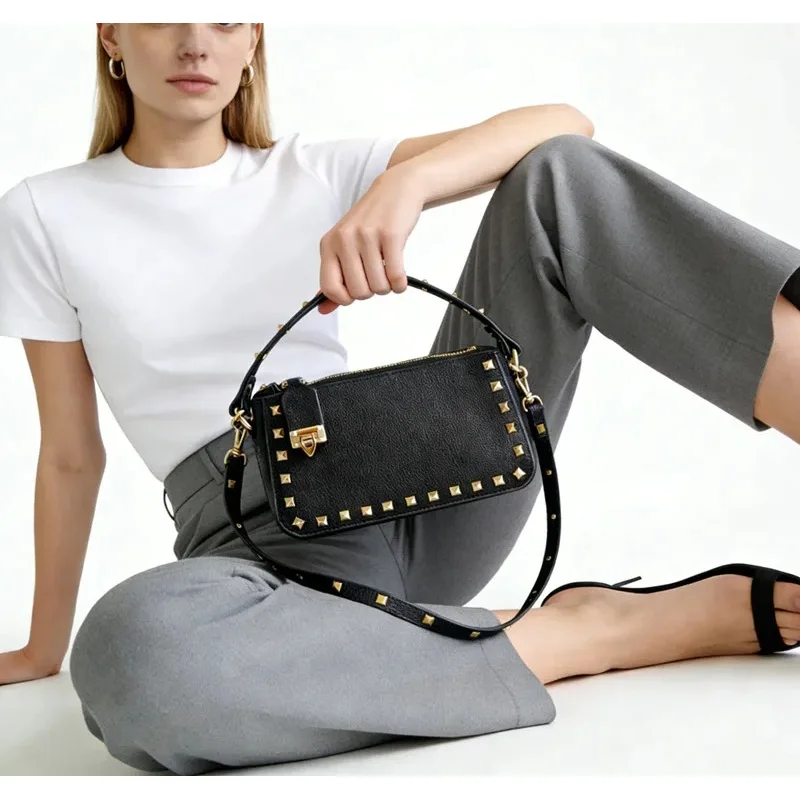 New personalized rivet leather black luxury women's crossbody bag fashionable single shoulder crossbody bag and handbag