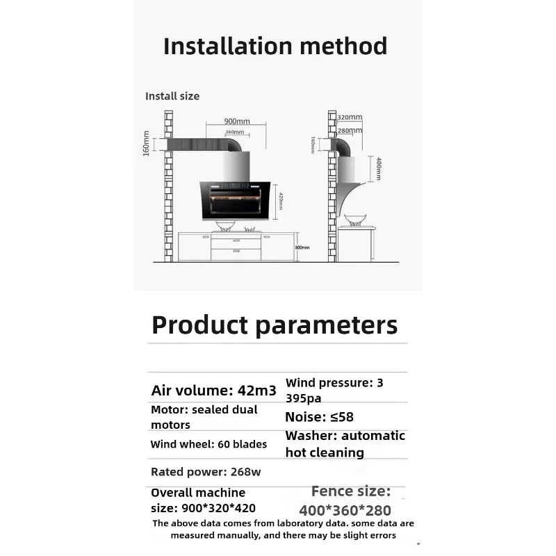 22M ³/h Range Hood Kitchen Large Suction Double Motor Hood Wall-mounted Oil Suction Automatic Household Cleaning 220V