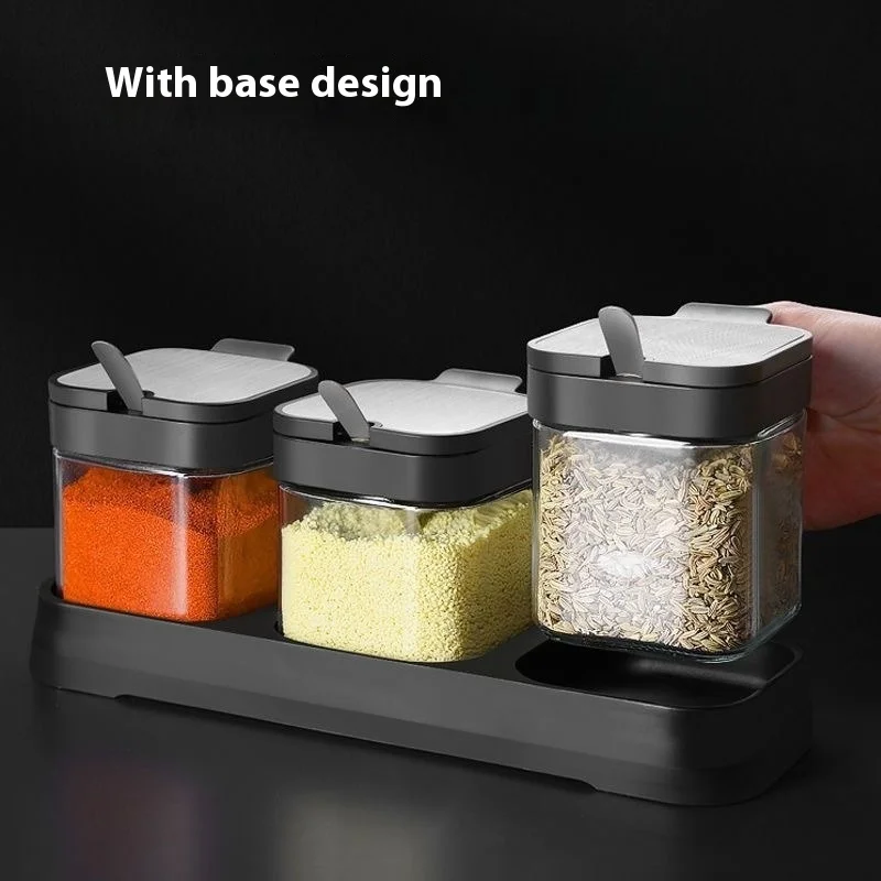 

3pcs Transparent Glass Spice Jars with Spoons Airtight Kitchen Containers for Salt Sugar Seasoning Pantry Organization Box Kit