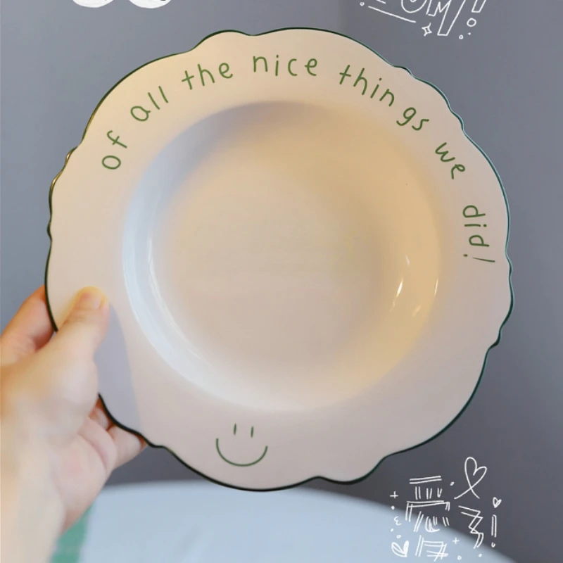 Korean Cute Ceramic Plate Creative English Letters Lace Smiley Face Dinner Plate Soup Plate Home Bowl Snack Plate Fruit Plates