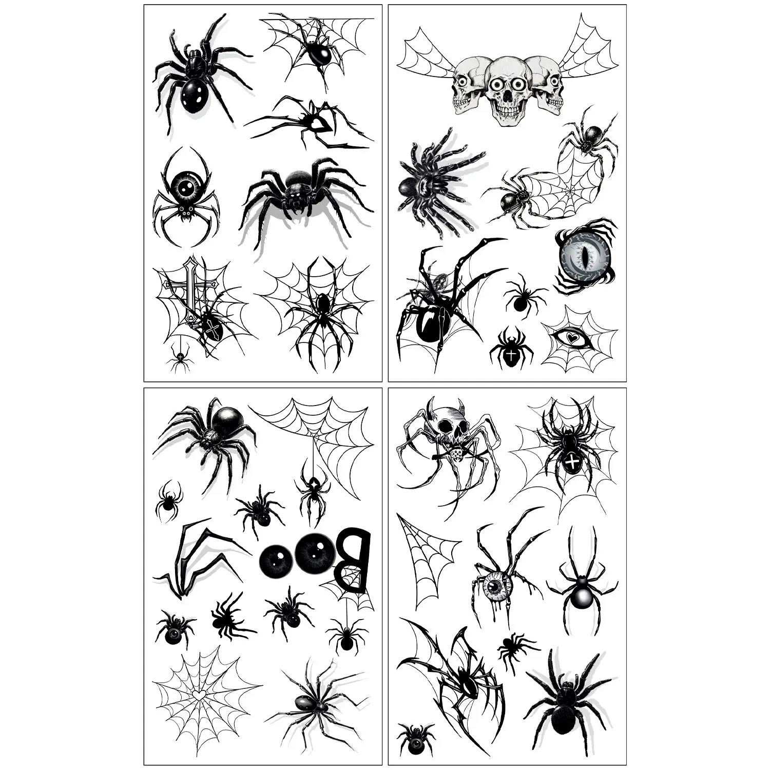 4 Large-Sized Halloween Tattoo Stickers, Black Skull Spider Spider Web Design, Realistic Waterproof Temporary Tattoos, Body Arm Temporary Makeup Art Fake Tattoo Stickers, Suitable for Halloween Parties