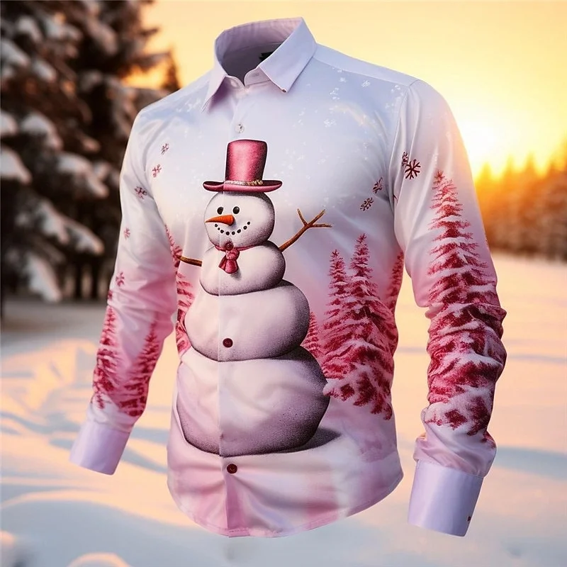 2026 Moda Natale a tema 3D stampato camicia casual a maniche lunghe da uomo Street Wear Camicia da festa Camicia da Babbo Natale Vendita calda