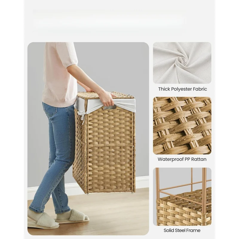 Rolling Laundry Basket with Wheels, 3-Section Synthetic Rattan, Removable Liner