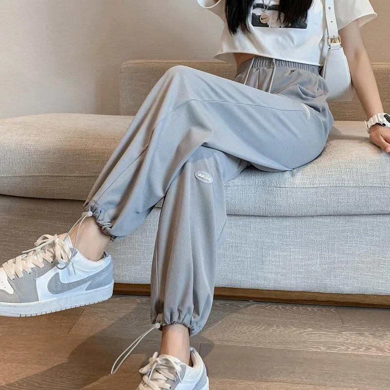 High Waist Wide Leg Pants Women's Summer Thin Ice Silk Drapey Slimming Loose Cuffed Casual Sports Trousers Korean Style