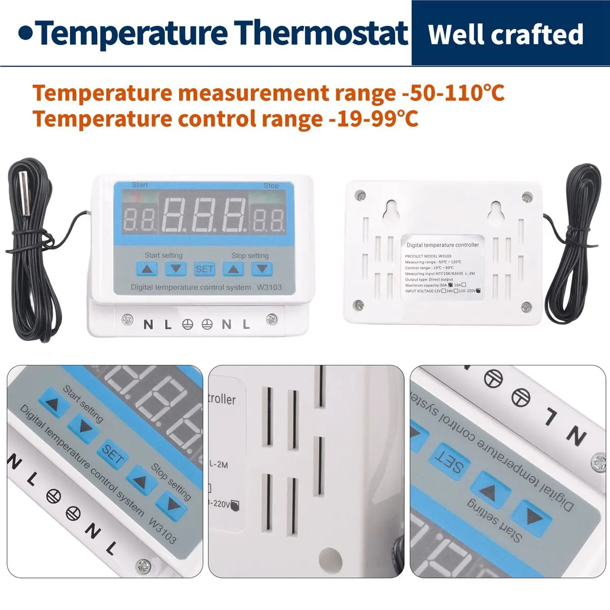 howhow Digital Temperature Controller 220V Max 5000W Digital Thermostat 30A -19 to 99℃ Temperature Controller Switch XH-W3103