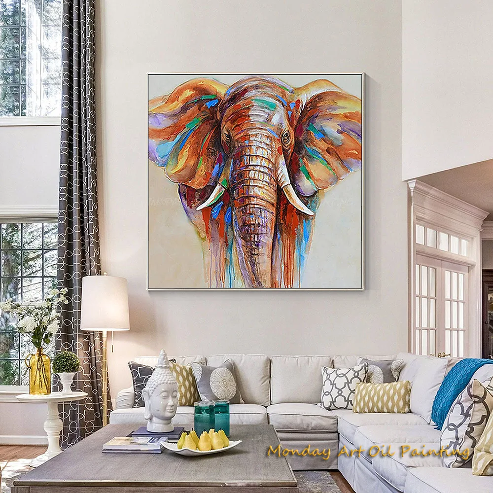 Handmade Painting Elephant Portrait Oil Painting Impressionist Elephant Extra Large Wall Art Square Fedex Shipping Cost