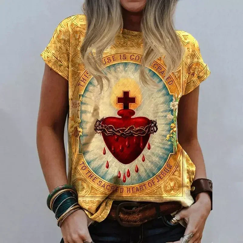 Virgin Mary O Neck Ladies Summer Casual Harajuku Oversized T Shirt Crew Streetwear Jesus Religious 3D Print Tops Tees