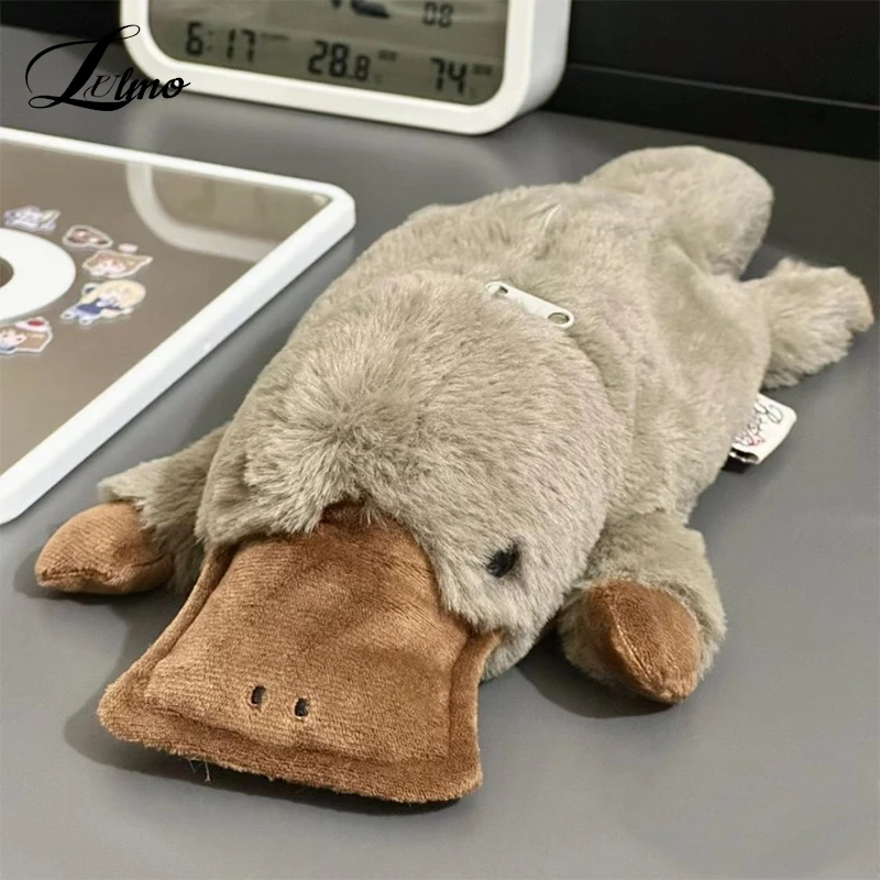 Cute Plush Shark Platypus Pencil Case Cosmetic Bag Plush Pen Pouch Large Capacity Storage Bag School Supplies Stationery Box