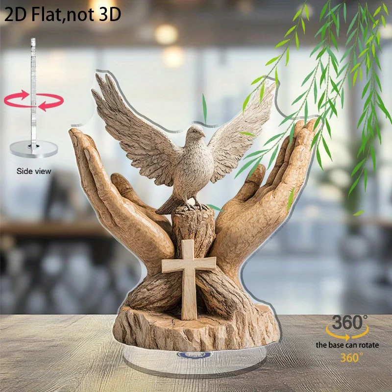 2D Flat, 1pc Elegant Rotating Dove Ornament with Wood Grain Base - Suitable for Home, Office & Meditation Space Decor, Acrylic T