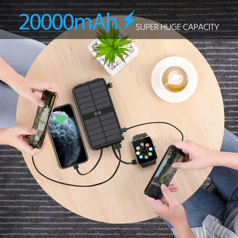 Solar Power Bank 20000mAh 10W Drahtlose Ladegerät foriPhone Samsung Huawei Xiaomi PD20W Schnelle Power Kabel solar lade panel