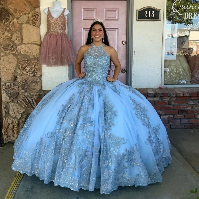 

ANGELSBRIDEP Sky Blue Ball Gown Quinceanera Dresses Appliques 15 Years Old Girls Brithday Dance Party Vestido De 15 Años