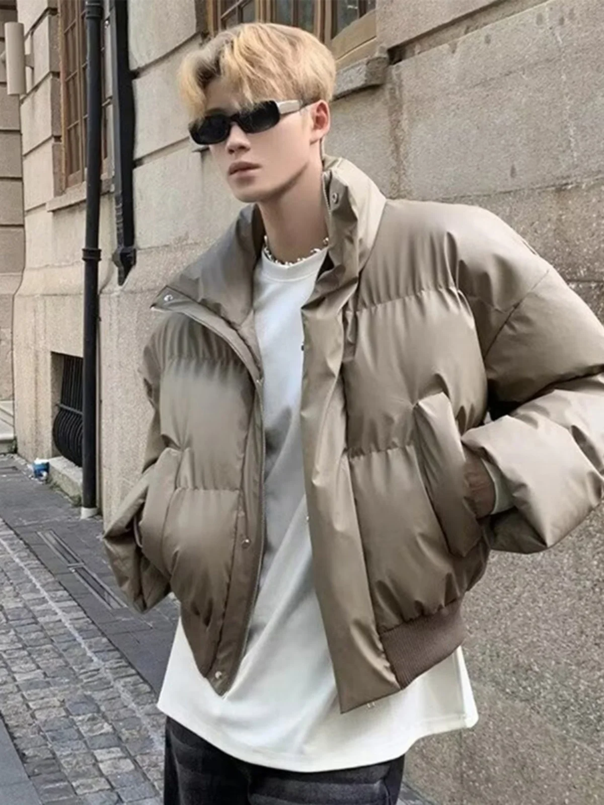 

Thiened ort Cotton Jaet Men's Winter Warm Workwear Bread Coat Sli Stand Collar Streetwear Polyester Fiber down Filling