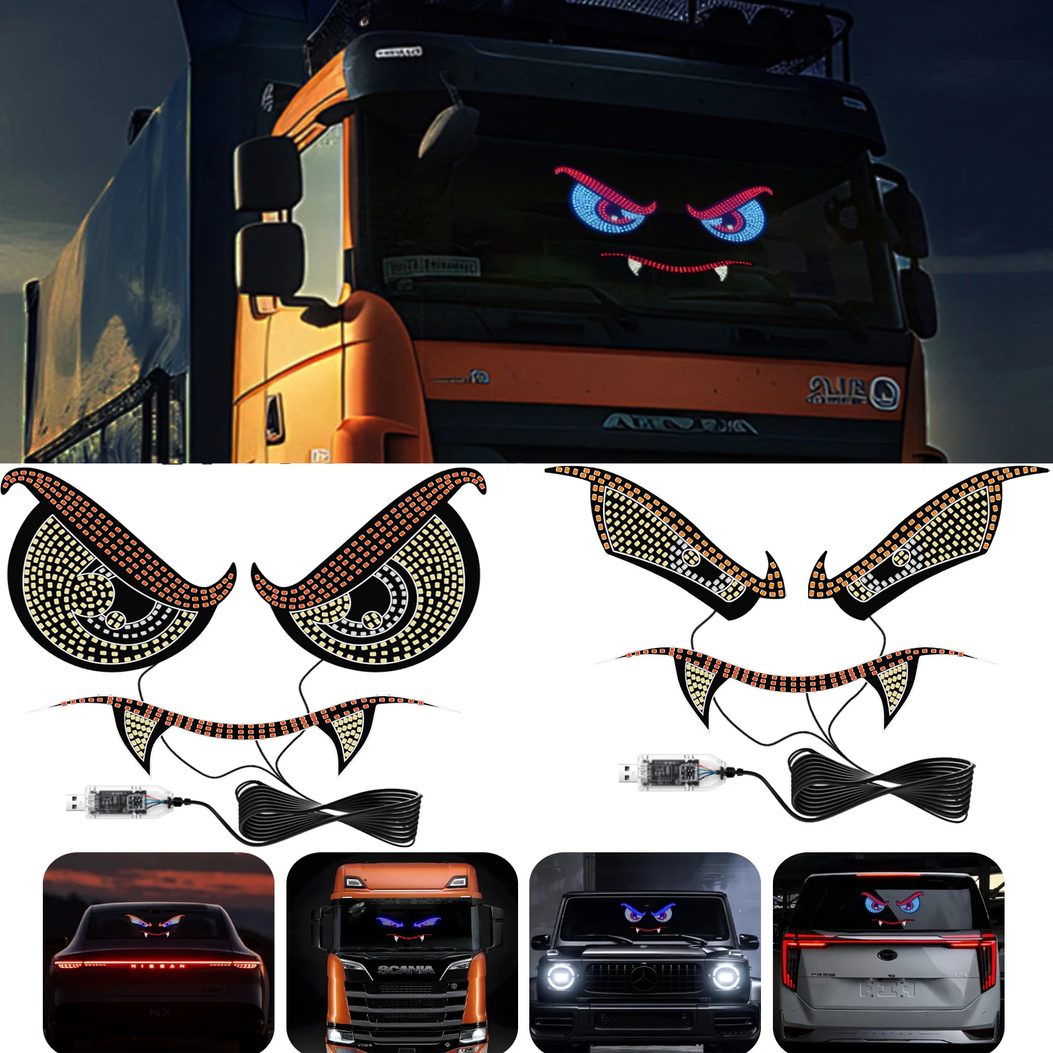 

Devil's Eye Vampire Car LED Display Decorative Light 11 Mode USB Personalized Modification Atmosphere Warning Light 5V.2pcs