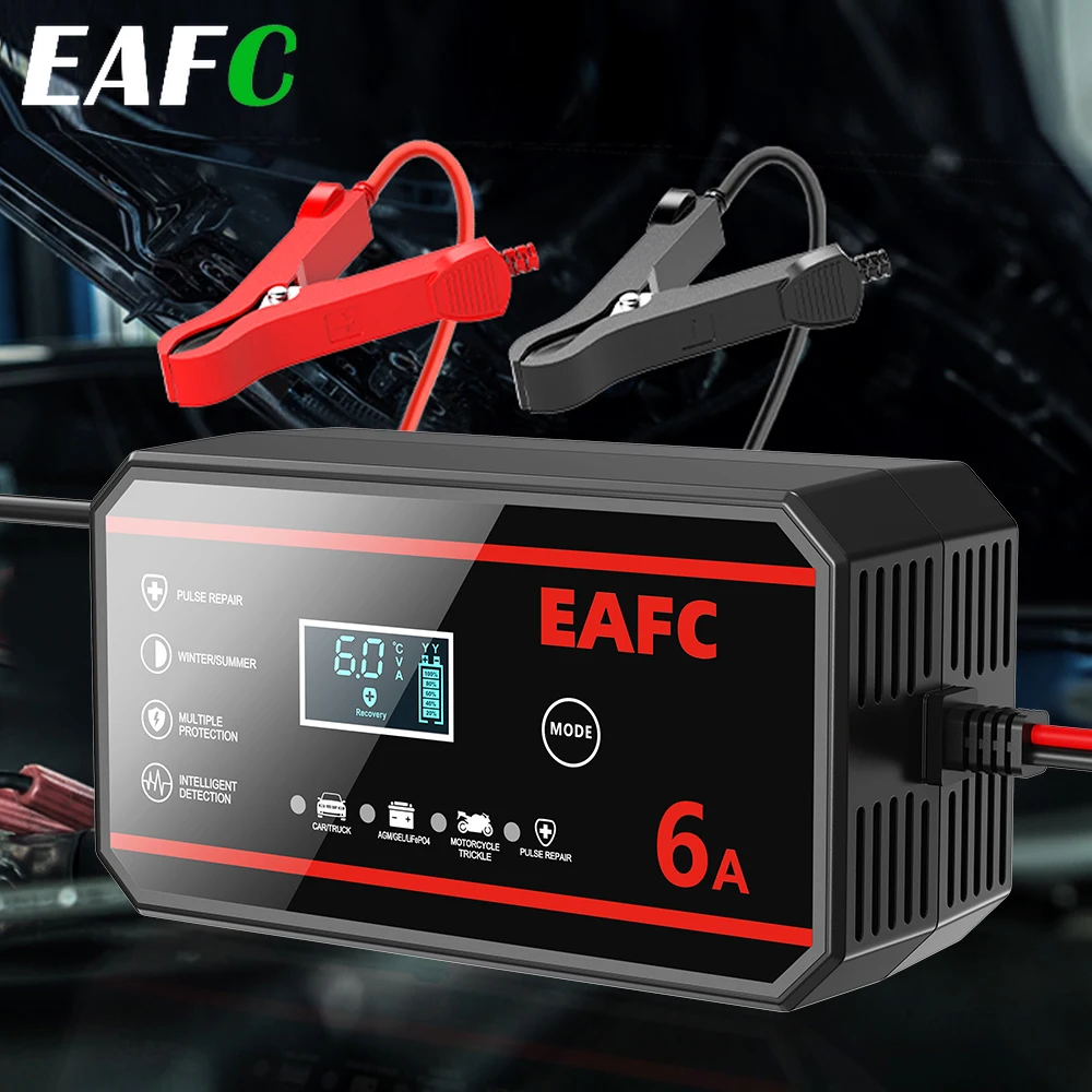 EAFC Tragbares 6A/8A 12V Smart Batterieladegerät Automatisch für Erhaltungslithium LiFePO4 Blei-Säure-Batterien Auto Motorrad Ladegerät