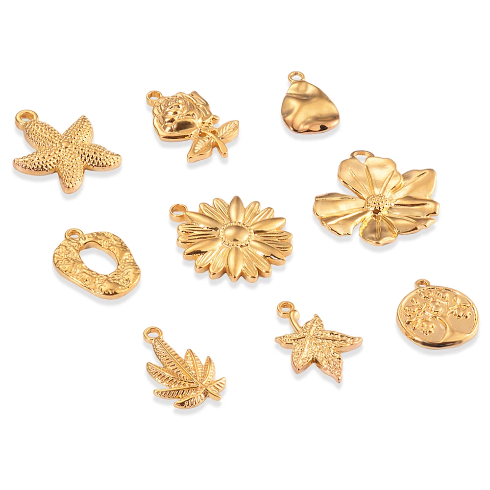 5pcs Stainless Steel Gold Rose Geometry Leaf Heart Lock Charms DIY Bracelets Earrings Pendants Jewelry Making Accessories