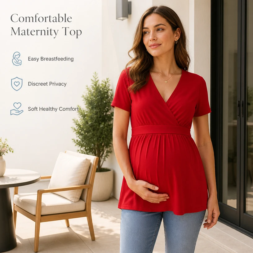 Short Sleeve Maternity Tops Wrap V‑Neck Empire Waist Peplum Blouse Hidden Breastfeeding Shirt Rayon Stretch Pregnancy Tunic