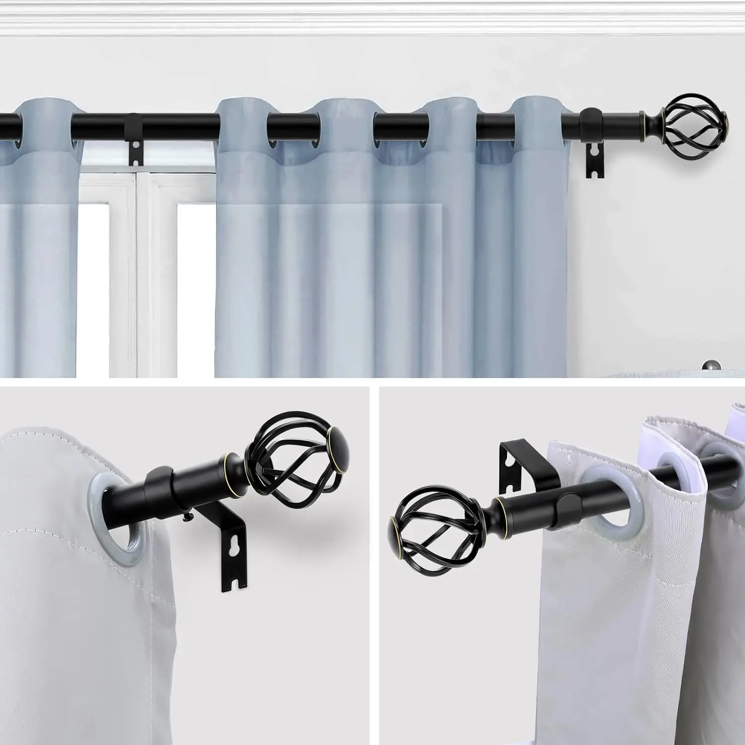 Black Curtain Rods for Windows , 1 Inch Heavy Duty Curtain Rod 18 to 120, Long Decorative Single Drapery Rods, Twisted Cage End