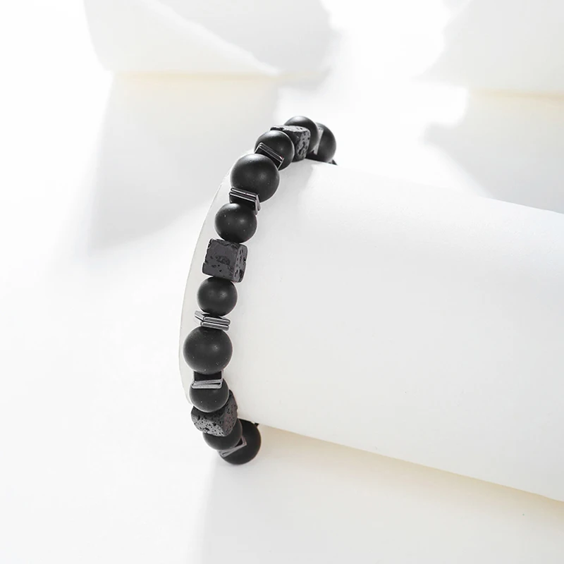 Black Bracelet Lava Square Volcanic Stone Bracelet Men\'s Matte Black Glass Beads Adjustable Bracelet Bracelet Charm Bracelet