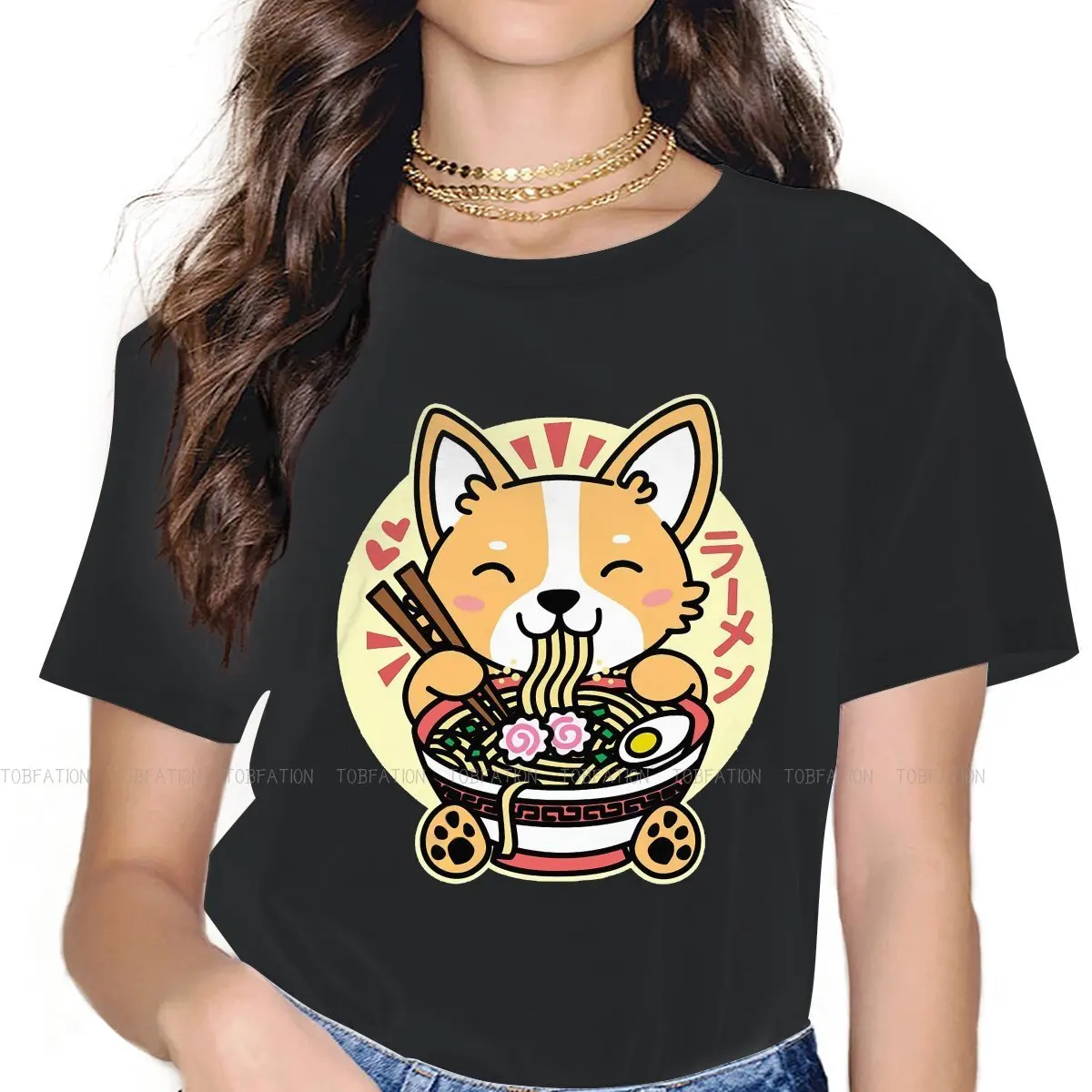 Eating Ramen Cute Kawaii Noodles Fashion TShirts Corgi Short Legs Dog Female Pure Cotton Tops T Shirt Round Neck Oversized