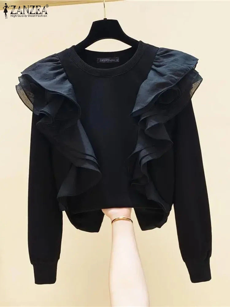 ZANZEA Long Sleeve 2024 Fashion Pullovers Elegant O-Neck Women Layered Ruffles T-shirts Solid Autumn Casual Loose Sweatshirts