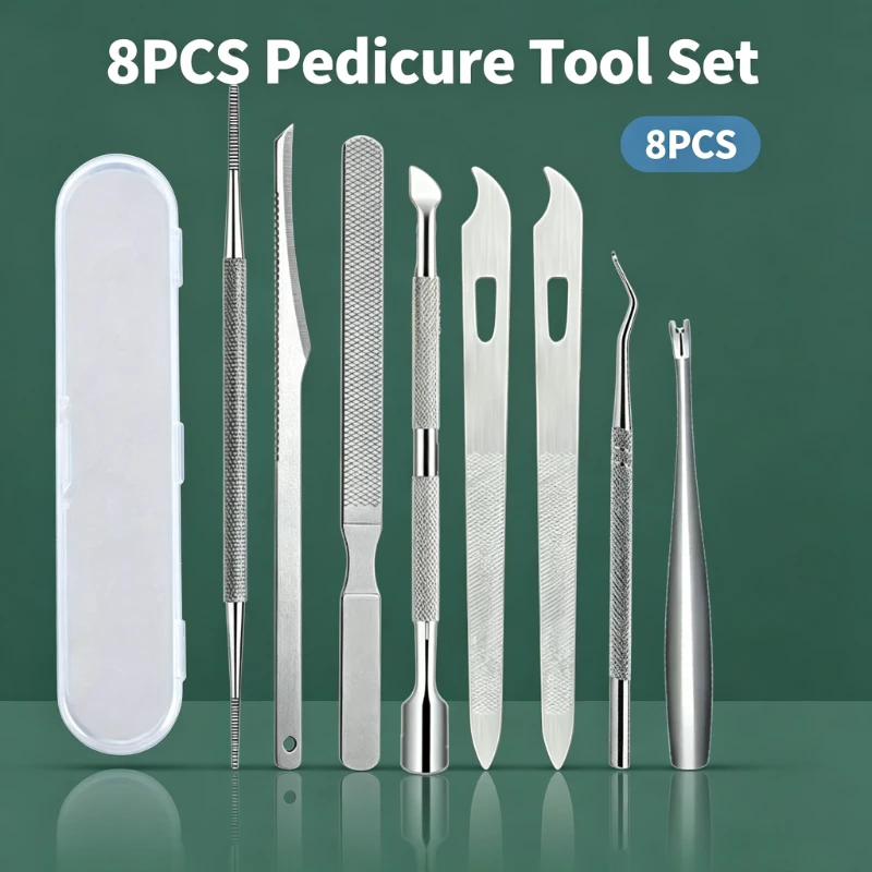 8Pcs Stainless Steel Hand Foot Crevice Cleaning Tool,Dual-use Nail File Nail Pick Cuticle Fork,Non-Slip Handle for Nail Debris