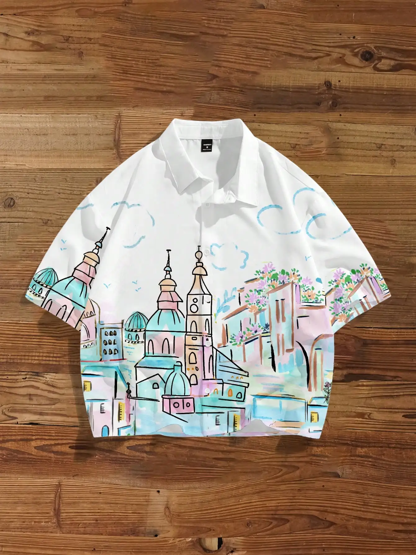

Men's Loose Cropped Shirt with Hand-Drawn Cityscape Print, Spring Casual Wear