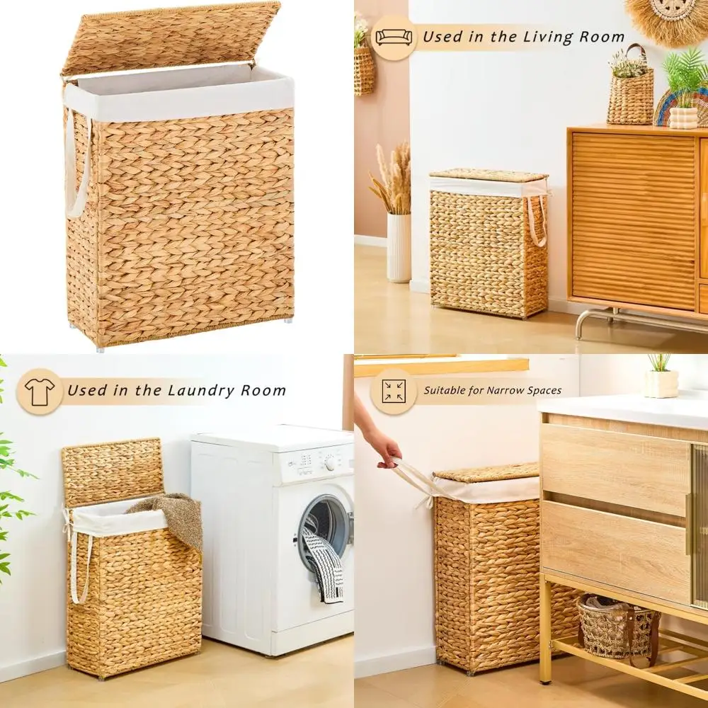

Natural Water Hyacinth Laundry Hamper, 75L Capacity, Handwoven Slim Design with Removable Lid and Handles, Ideal for Narrow Spac