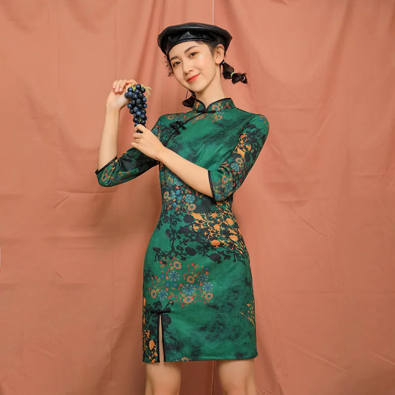 Sexy New Brocade Satin Short Fork Cheongsam Chinese Classic Women\'s Qipao Elegant Short Sleeve Novelty Wedding Evening Dress