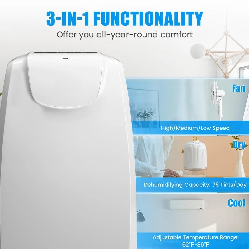 

12000 BTU Dual Hose Portable Air Conditioner with Remote Control-White