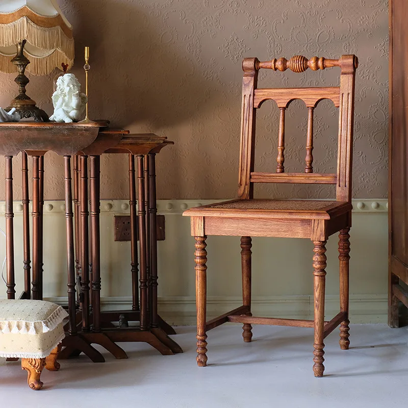 

Sunny Roman Chair Retro Dining Chair Rattan Chair Real Rattan Single Handmade Rattan Solid Wood Makeup Backrest