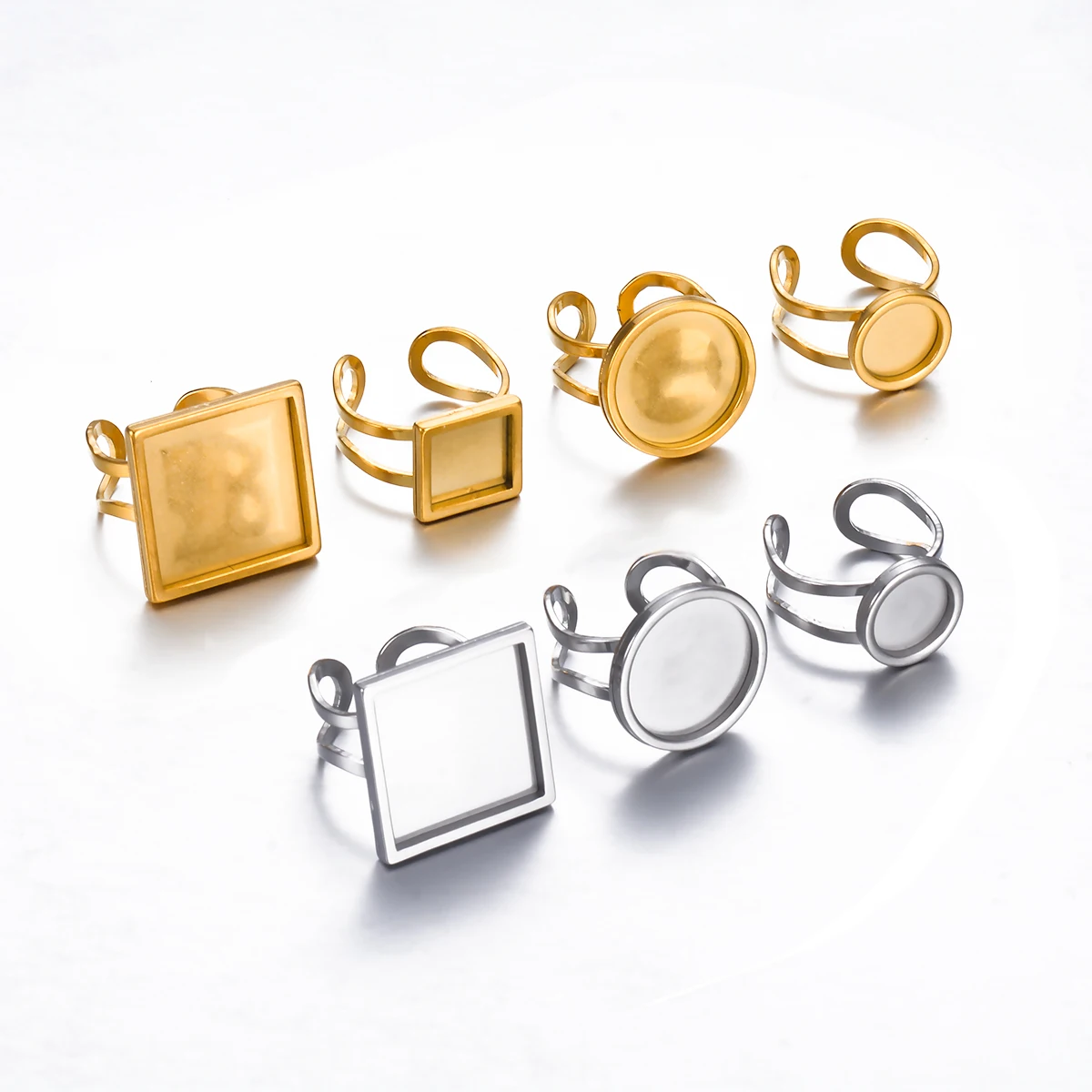 4PCS Stainless Steel Adjustable Ring Round Square Settings Blank Base Glass Cabochons Bezels Jewelry Making Fit for 10mm-25mm