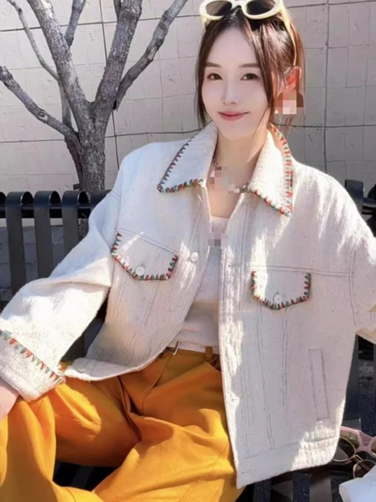 2025 Early Spring New European Style Colorful Wave Pattern Edge Embroidered Loose Fashion Leisure Cowboy Coat for Women