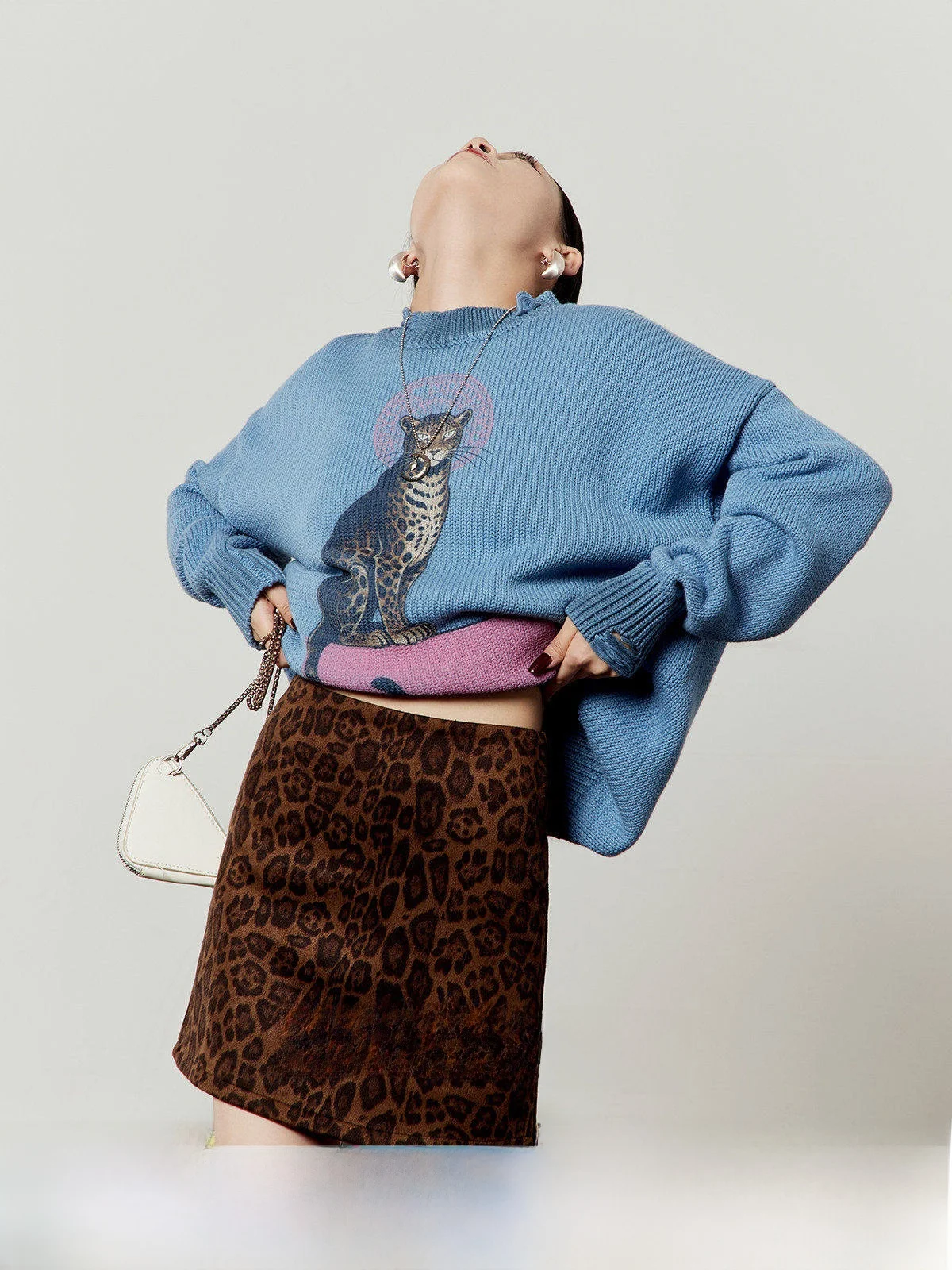 

Loose Knitted Blue Sweater Women's Casual Style Printed Casual Spring New Arrival Zhou Li Wu Brand Pink Makeup Ceremony