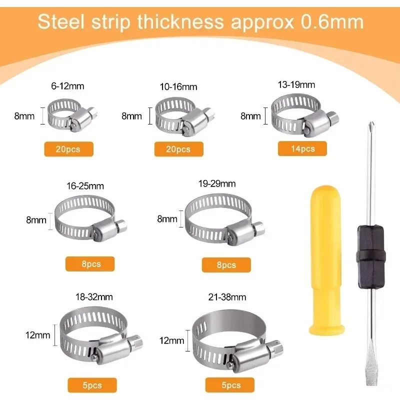 80Pcs Adjustable Hose Clamps Set Stainless Steel Pipe Clamps with Screwdriver Rings Tubes Clamps 6-38mm for Hardware Tools