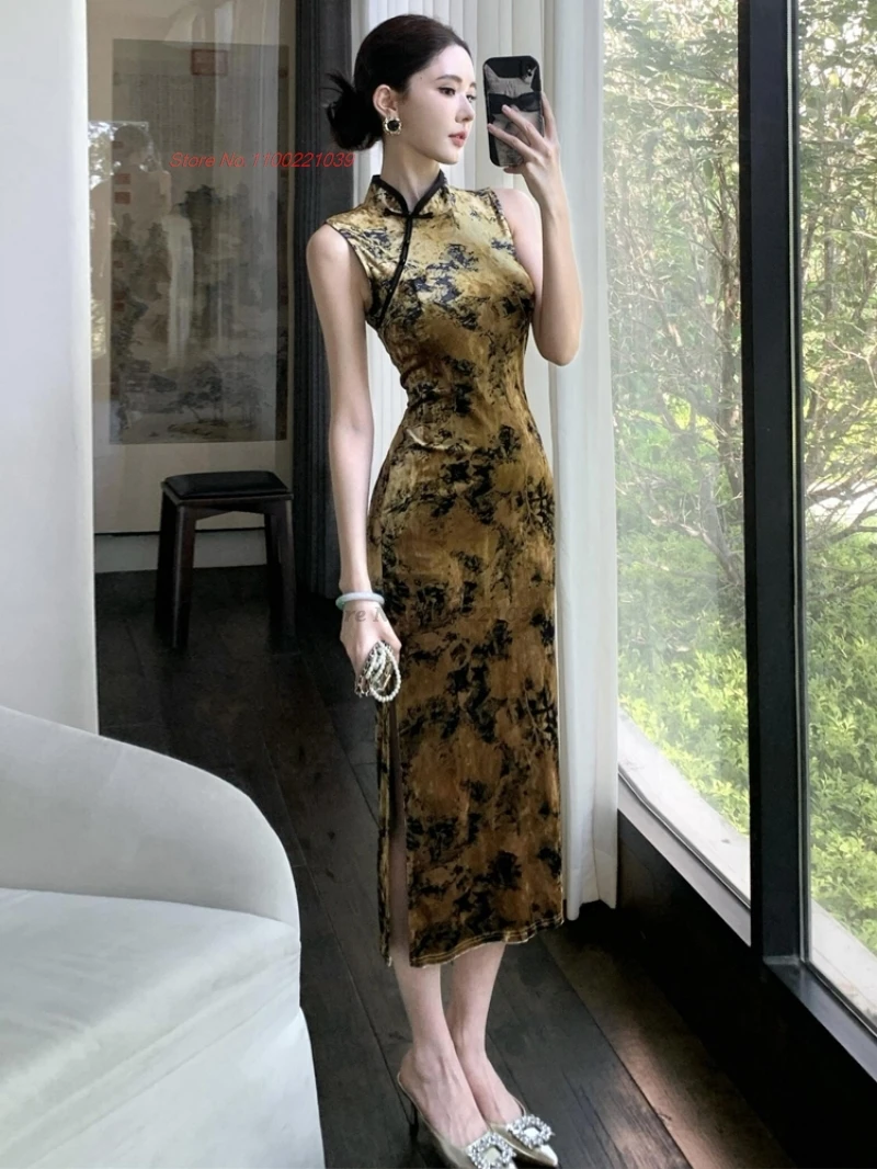 فستان سهرة صيني مثير من تشيباو مطبوع عليه زهور مخملي شيونغسام للحفلات الراقصة ملهى ليلي صيني تقليدي مثير بدون أكمام تشيباو #2