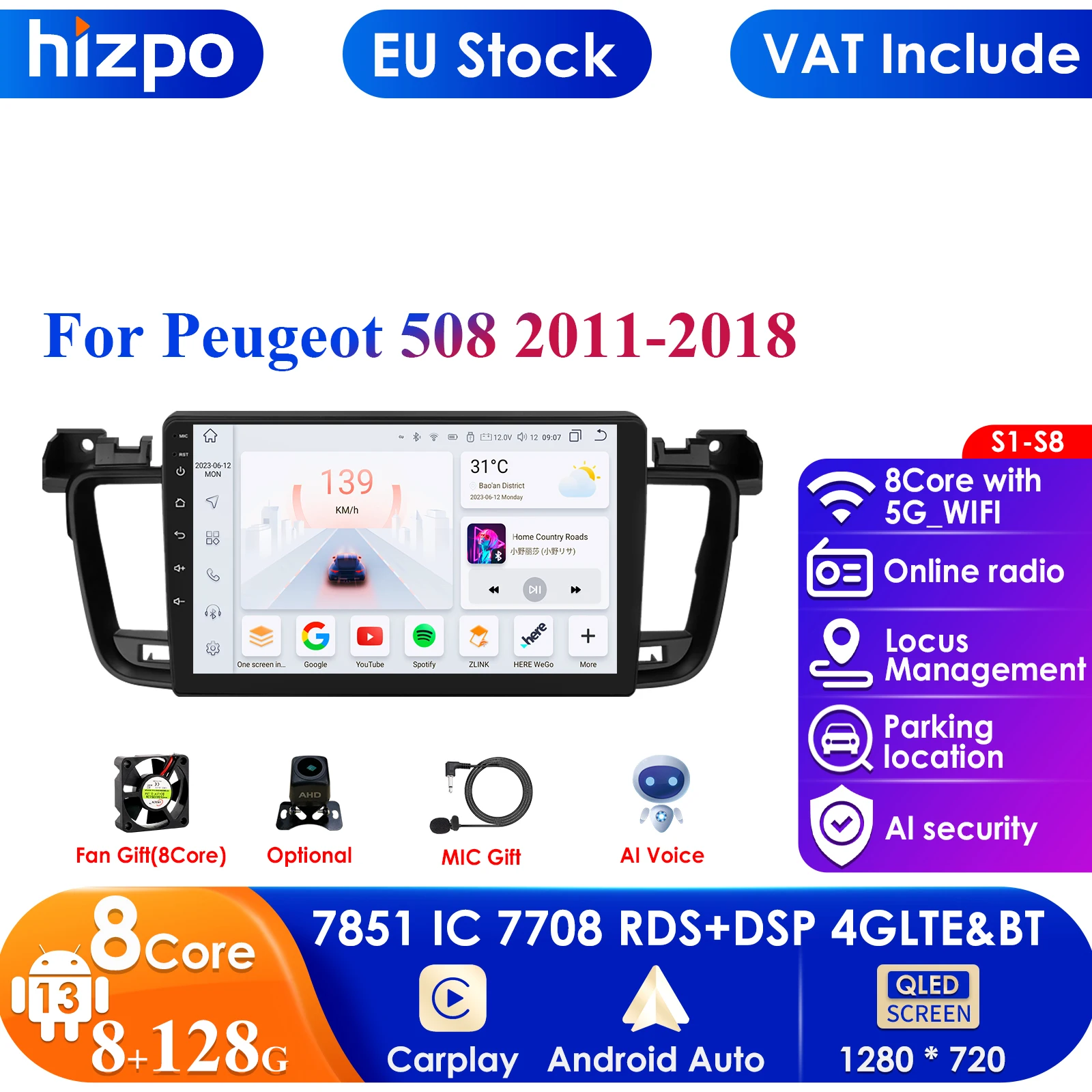 9'' 10.33'' 7862 QLED Screen 2din Android Car Radio Multimedia Video Player for Peugeot 508 508 SW 2011-2018 GPS Carplay 4G RDS