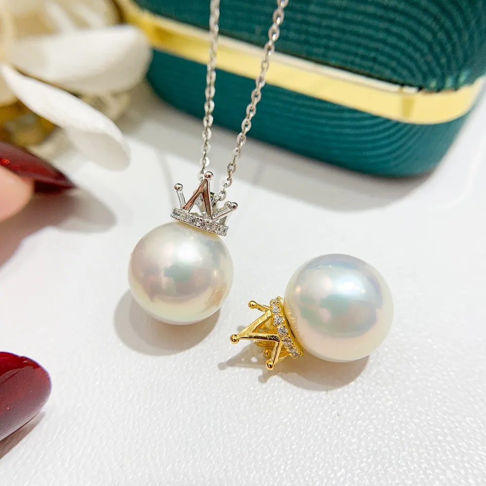 

DIY Pearl Accessories S925 Sterling Silver Pendant Empty Crown Gold Silver Necklace Pendant with 10-13mm Circle D212