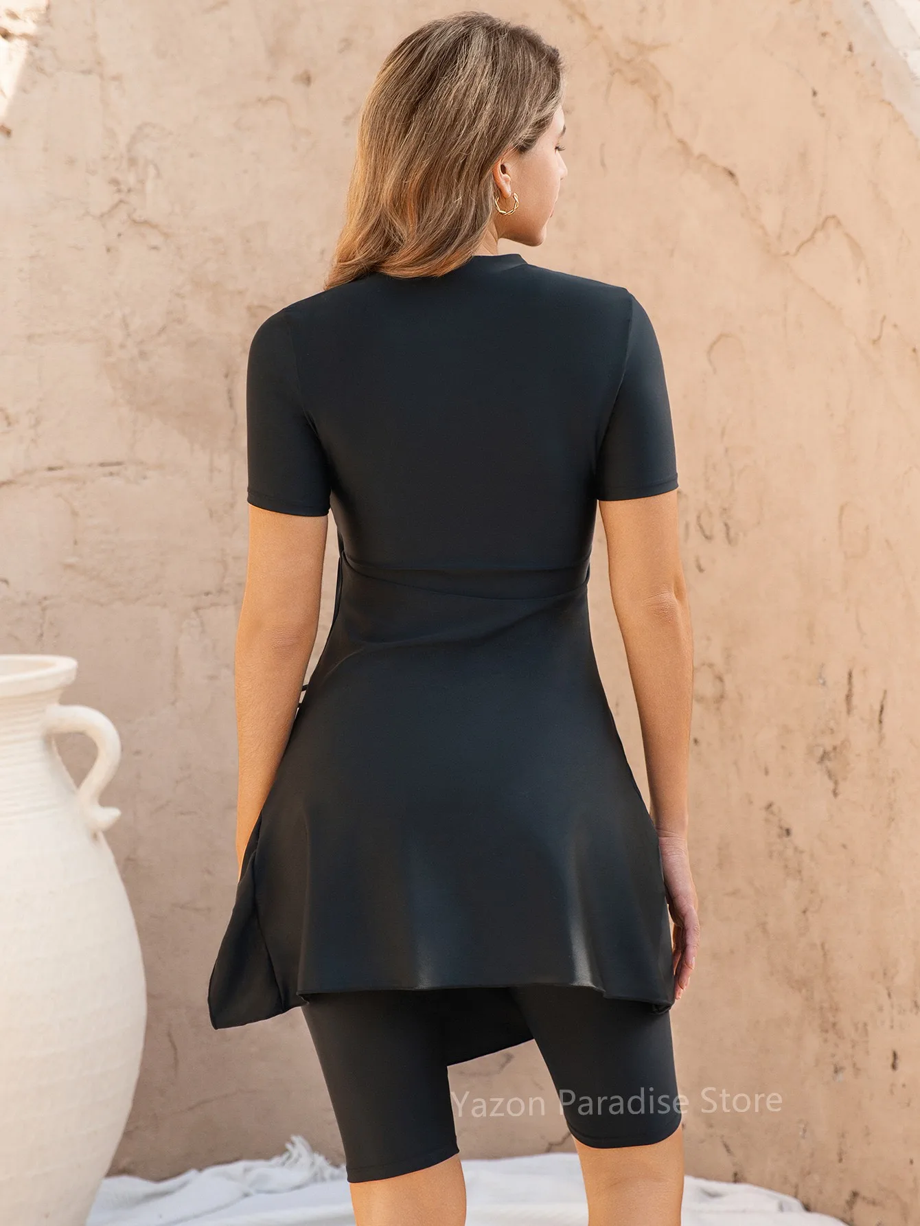 New Stylish Modest Swimwear for Summer Holiday Short Sleeved Burkini Femmes for Girl O-neck Beach Wear with  asymmetrical cut