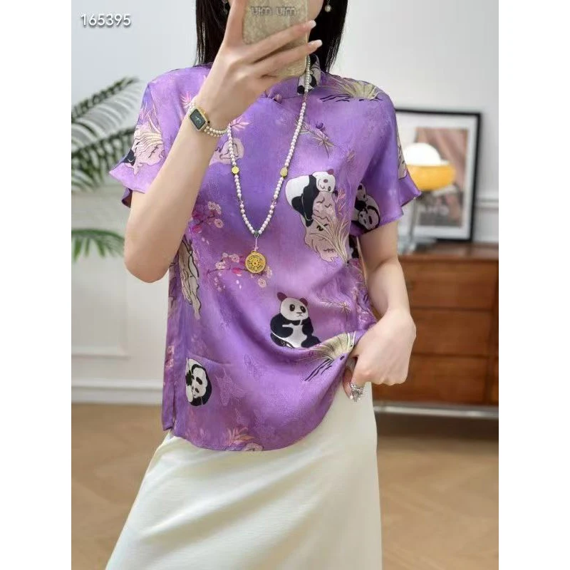 High Quality Summer New Small Stand Collar Short Sleeved Rayon Fabric Panda Print Single Button Fashionable Women's Shirt S-XL