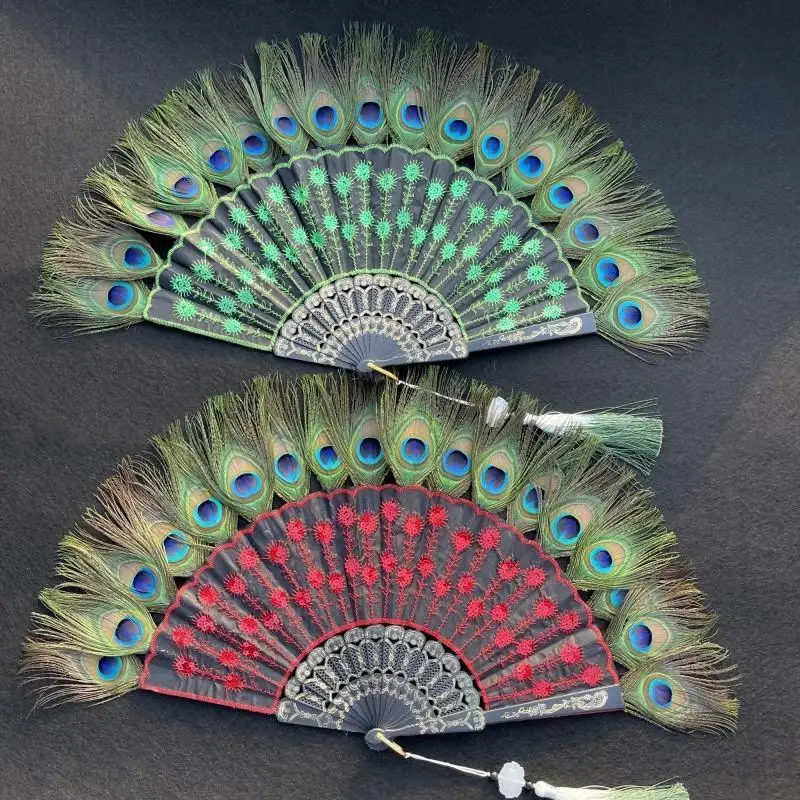 Peacock Feather Folding Fan Embroidery Sequin Folding Fan Lolita Dance Hand Fan with Pendant Gifts Wedding Party Decoration - Image 4