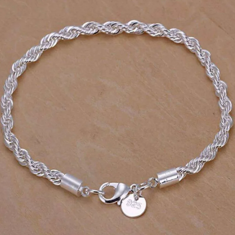 High Quality Silver Color 4MM Women Men Chain Male Twisted Rope Necklace Bracelets Fashion Silver Jewelry Gifts Wedding Party