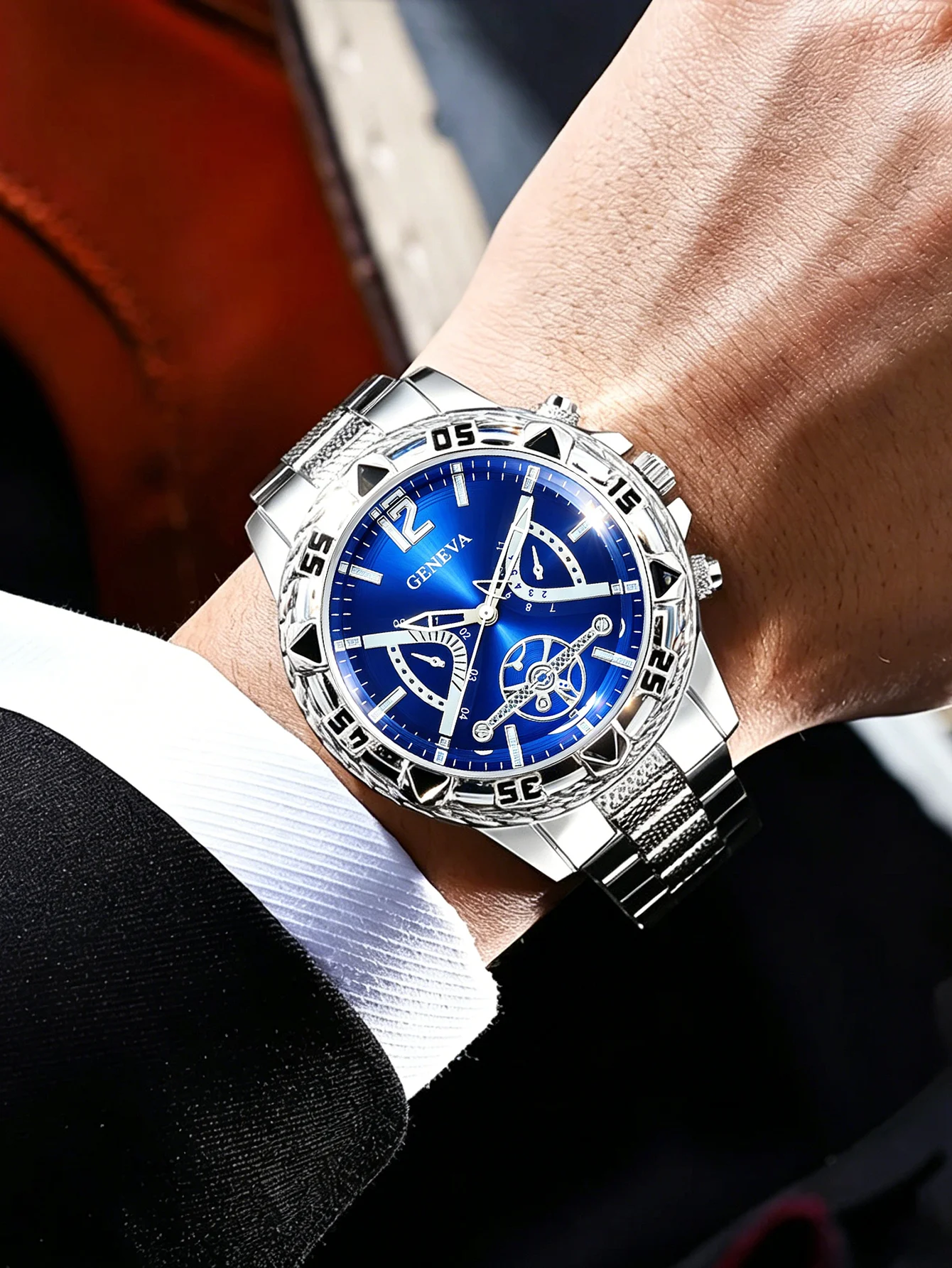A stylish silver men's quartz watch and a set of accessories including a necklace, bracelet and ring - a birthday gift
