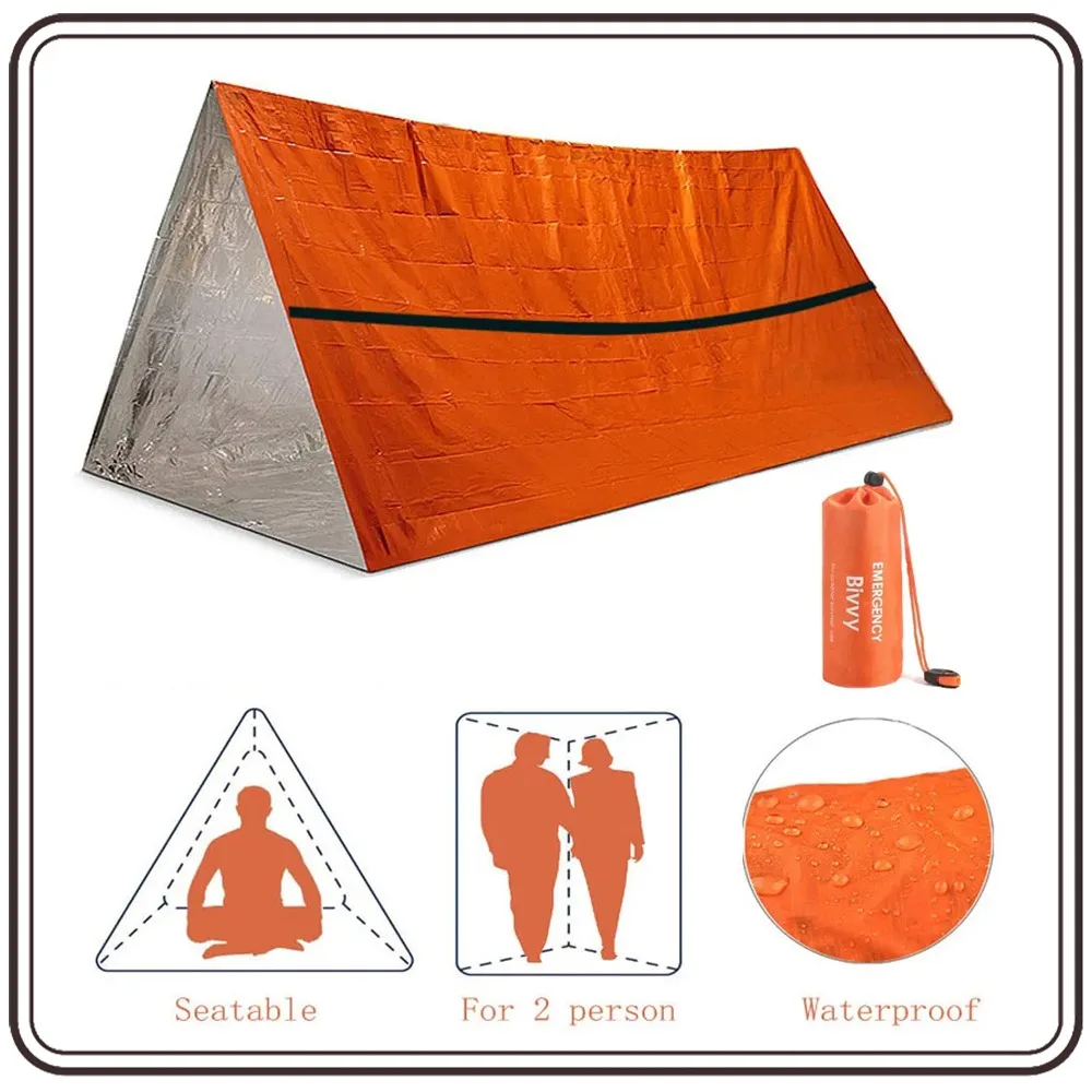 

2 Person Emergency Shelter Bivy Survival Tent Kit Mylar Tube Tent Sleeping Bag Waterproof Outdoor SOS Thermal Blanket Reusable